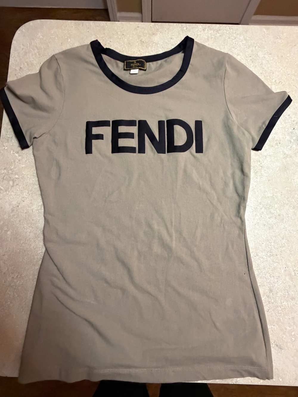 Fendi Tan Short-Sleeve Logo Tee with Black Trim